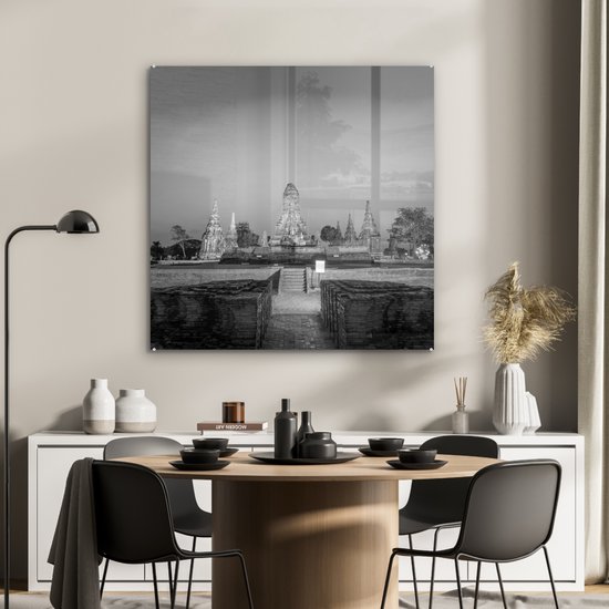 MuchoWow® Peinture sur verre 90x90 cm - Peinture sur verre - Tours Wat Chaiwatthanaram, Thaïlande - Zwart- Wit - Photo sur verre acrylique - Peintures