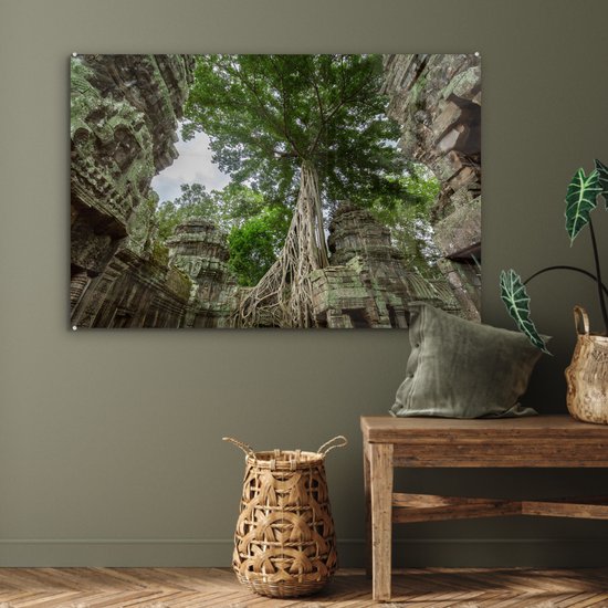 Peinture sur verre MuchoWow® 90x60 cm - Peinture acrylique sur verre - Temple Ta Prohm envahi par la végétation au Cambodge - Photo sur verre - Peintures