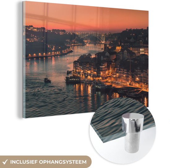 MuchoWow® Glasschilderij 150x100 cm - Schilderij acrylglas - Zonsondergang - Porto - Portugal - Foto op glas - Schilderijen