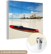MuchoWow® Glasschilderij 20x20 cm - Schilderij acrylglas - Surfplank op het strand van Boracay - Foto op glas - Schilderijen