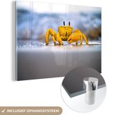 MuchoWow® Glasschilderij 60x40 cm - Schilderij acrylglas - Krab - Strand - Zee - Foto op glas - Schilderijen