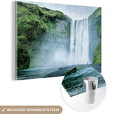 MuchoWow® Glasschilderij 90x60 cm - Schilderij acrylglas - Waterval - IJsland - Groen - Foto op glas - Schilderijen