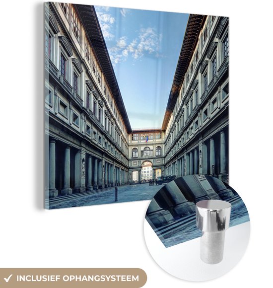 MuchoWow® Glasschilderij 20x20 cm - Schilderij acrylglas - De galerij van Uffizi op een zonnige dag - Foto op glas - Schilderijen