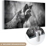 MuchoWow® Glasschilderij 160x80 cm - Schilderij acrylglas - Vos - Zwart - Wit - Foto op glas - Schilderijen