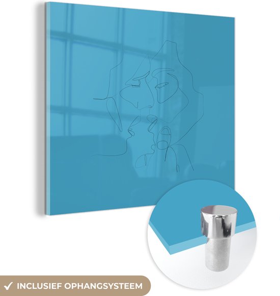 MuchoWow® Glasschilderij 50x50 cm - Schilderij acrylglas - Koppel - Line art - Minimalisme - Foto op glas - Schilderijen
