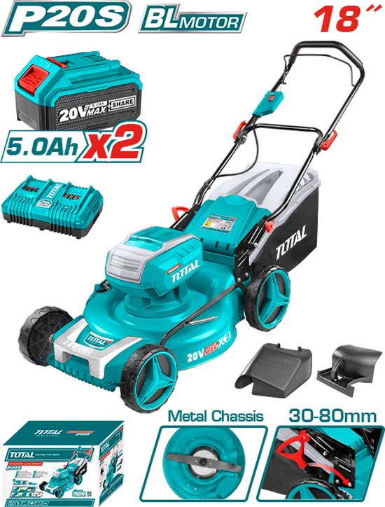  - Grasmaaier - Incl. 2 x Lithium ion 5,0ah 20V - 2800rpm - 46 cm maaidiameter - Stalen body 60L opvangcapaciteit - 30-80mm maaihoogte capaciteit - 8 hoogtestanden - 3 maaifuncties - Inclusief 2x accu, 1x lader & 3x accessoires