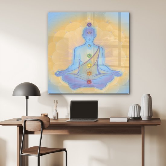 MuchoWow® Peinture sur Verre - Illustration du Moine aux Sept Chakras - 90x90 cm - Peintures sur Verre Acrylique - Photo sur Glas