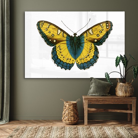 MuchoWow® Glasschilderij 180x120 cm - Schilderij acrylglas - Vintage - Vlinder - Geel - Foto op glas - Schilderijen