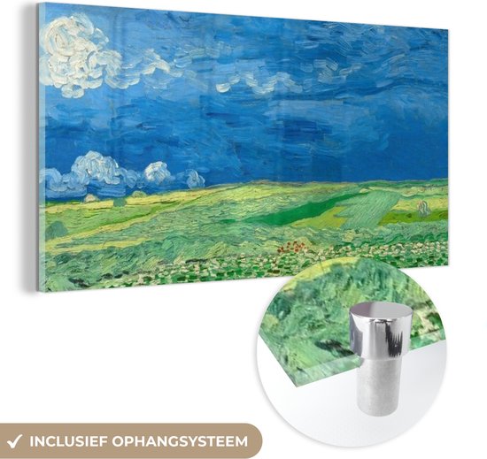 MuchoWow® Glasschilderij 160x80 cm - Schilderij acrylglas - Korenveld onder onweerslucht - Vincent van Gogh - Foto op glas - Schilderijen