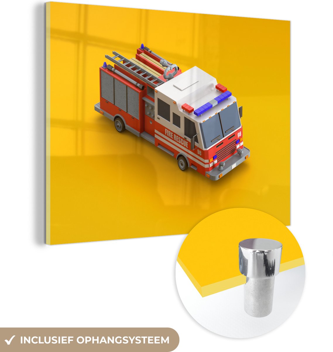 MuchoWow® Glasschilderij - Kinderillustratie van een brandweervoertuig - 160x120 cm - Acrylglas Schilderijen - Foto op Glas - MuchoWow