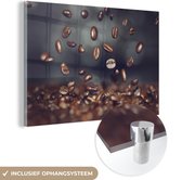 MuchoWow® Glasschilderij 60x40 cm - Schilderij acrylglas - Vallende koffiebonen - Foto op glas - Schilderijen