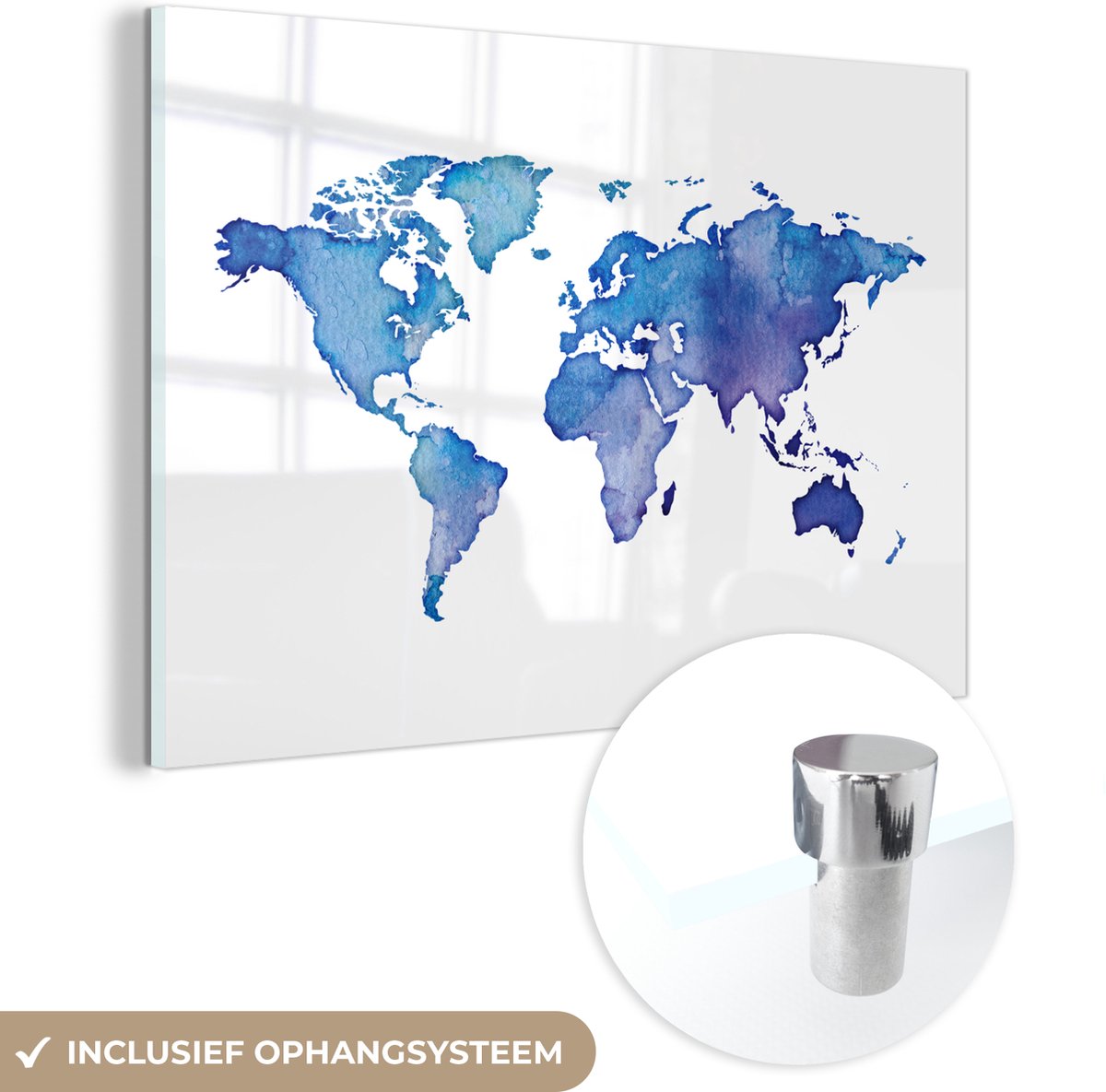 ® Glasschilderij 90x60 cm - Schilderij acrylglas - Wereldkaart - Waterverf - Blauw - Foto op glas - Muurdecoratie woonkamer - Wanddecoratie slaapkamer - Schilderijen