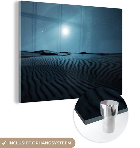 MuchoWow® Glasschilderij 160x120 cm - Schilderij acrylglas - Maan - Maanlicht - Woestijn - Foto op glas - Schilderijen