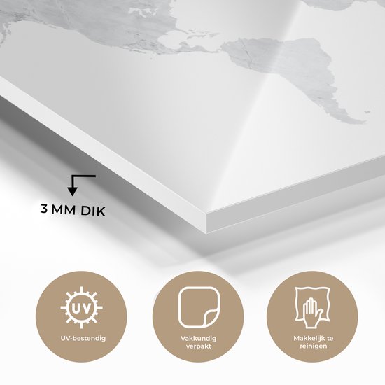 Peinture sur Verre - Carte du Wereldkaart - Grijs - Marbre - 60x40 cm - Peintures sur Verre Peintures - Photo sur Glas