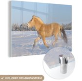 MuchoWow® Glasschilderij 90x60 cm - Schilderij glas - Dravend fjord paard in de sneeuw - Foto op acrylglas - Schilderijen