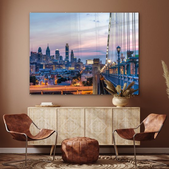 Coucher de soleil de Philadelphie aux Etats-Unis vu du pont Benjamin Franklin Plexiglas 160x120 cm - Tirage photo sur Glas (décoration murale plexiglas) XXL / Groot format!