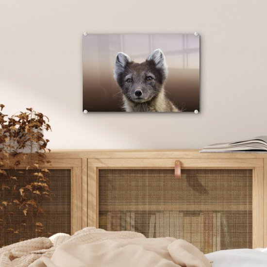 MuchoWow® Glasschilderij 30x20 cm - Schilderij acrylglas - Vos - Welp - Vacht - Foto op glas - Schilderijen