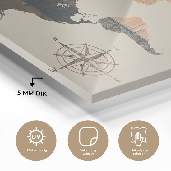 Peinture sur Verre - Carte du Wereldkaart - Planche de Bois - Rose des Vents - 120x80 cm - Peintures sur Verre Peintures - Photo sur Glas