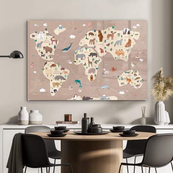 Peinture sur Verre - Carte du Wereldkaart pour Enfants - Terre - Animaux - 120x80 cm - Peintures sur Verre Peintures - Photo sur Glas
