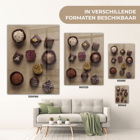 MuchoWow® Peinture sur verre 60x80 cm - Peinture sur verre acrylique - Chocolats sur fond marron - Photo sur verre - Peintures