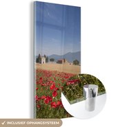 MuchoWow® Glasschilderij 60x120 cm - Schilderij acrylglas - Bloemenweide - Rozen - Huisjes - Foto op glas - Schilderijen