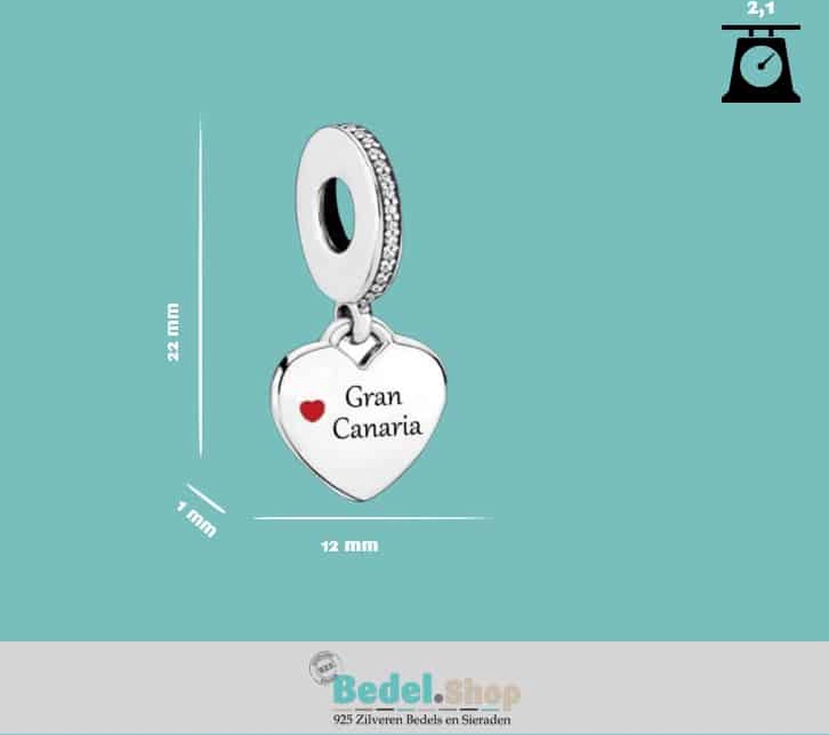 Tracelet - Zilveren bedels - Bedel Hart Gran Canaria | Charm Love Gran Canaria | 925 Sterling Zilver - Pandora compatible - Met 925 Zilver Certificaat - In Leuke cadeauverpakking - Valentijn tip