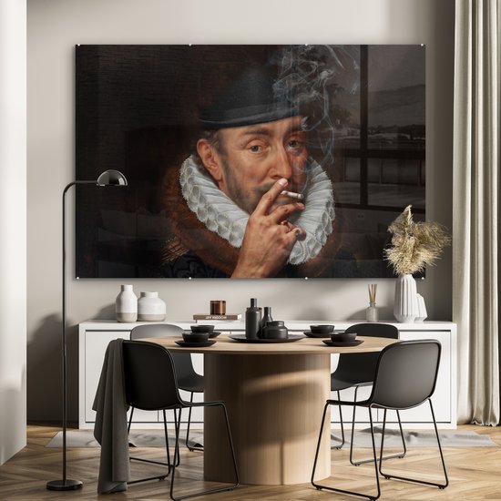 MuchoWow® Peinture sur verre 180x120 cm - Peinture sur verre - Willem van Oranje - Adriaen Thomasz - Fumer - Photo sur verre acrylique - Peintures