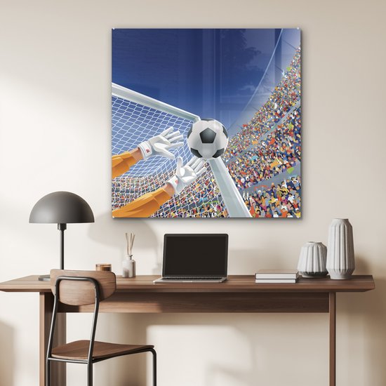 MuchoWow® Peinture sur verre - Une illustration d'un gardien de but arrêtant le football - Garçon - Filles - Enfant - 90x90 cm - Peintures sur verre acrylique - Photo sur Glas