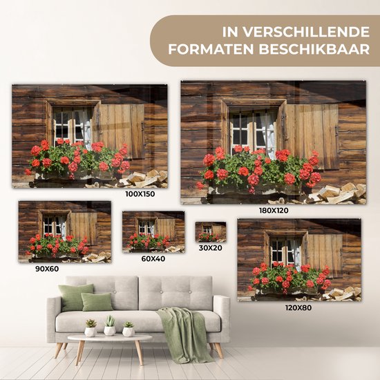 Fenêtre avec fleurs de géranium en fleurs L'odeur caractéristique du géranium est un ingrédient populaire pour les parfums épicés Plexiglas 180x120 cm - Tirage photo sur Glas (décoration murale en plexiglas) XXL / Groot format!