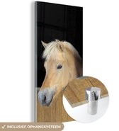 MuchoWow® Glasschilderij 80x160 cm - Schilderij glas - Fjord paard in een houten stal - Foto op acrylglas - Schilderijen