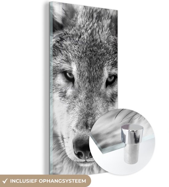 MuchoWow® Glasschilderij 20x40 cm - Schilderij acrylglas - Dierenprofiel wolf in zwart-wit - Foto op glas - Schilderijen