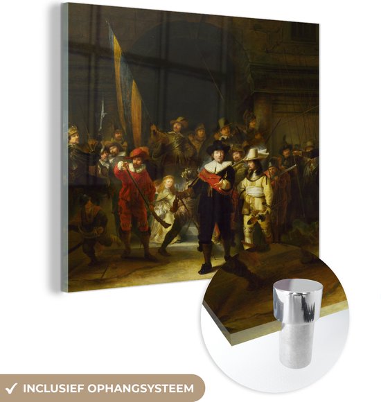 MuchoWow® Glasschilderij 90x90 cm - Schilderij acrylglas - De Nachtwacht - Rembrandt van Rijn - Foto op glas - Schilderijen