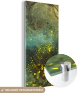 MuchoWow® Glasschilderij 20x40 cm - Schilderij acrylglas - Weergave van vuurvliegjes in de bossen tijdens een lichte nacht - Foto op glas - Schilderijen