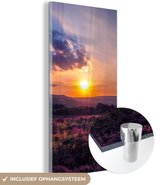 MuchoWow® Glasschilderij 20x40 cm - Schilderij acrylglas - Zonsondergang op de heide - Foto op glas - Schilderijen