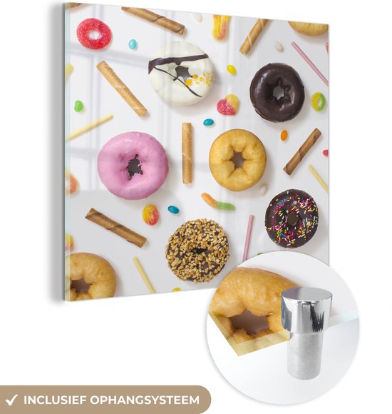 MuchoWow® Glasschilderij 90x90 cm - Schilderij acrylglas - Donuts, snoepjes en koekjes - Foto op glas - Schilderijen