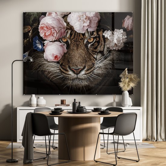 Peinture sur Verre - Tigre - Fleurs - Roses - 160x120 cm - Peintures sur Verre Peintures - Photo sur Glas