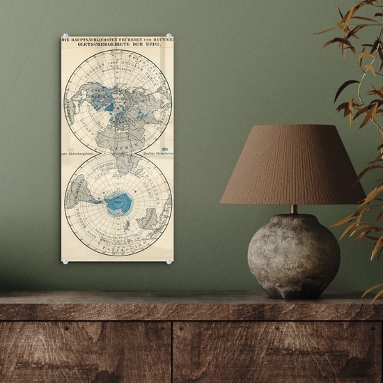 Peinture sur Verre - Glaciers sur Carte du Monde Vintage - 20x40 cm - Peintures sur Verre Peintures - Photo sur Glas