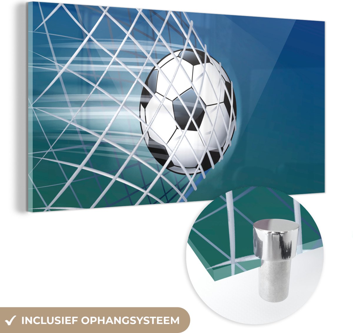 ® Glasschilderij 160x80 cm - Schilderij acrylglas - Een illustratie van een voetbal in het net -Jongens - Meisjes - Kinderen - Foto op glas - Muurdecoratie woonkamer - Wanddecoratie slaapkamer - Schilderijen