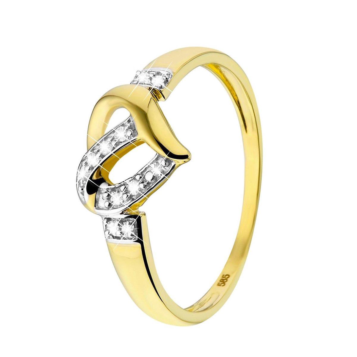 Lucardi Dames Ring hart 9 diamanten 0,05ct - Ring - Cadeau - 14 Karaat Goud - Geelgoud