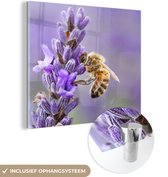 MuchoWow® Glasschilderij 20x20 cm - Schilderij acrylglas - Bij op lavendel - Foto op glas - Schilderijen
