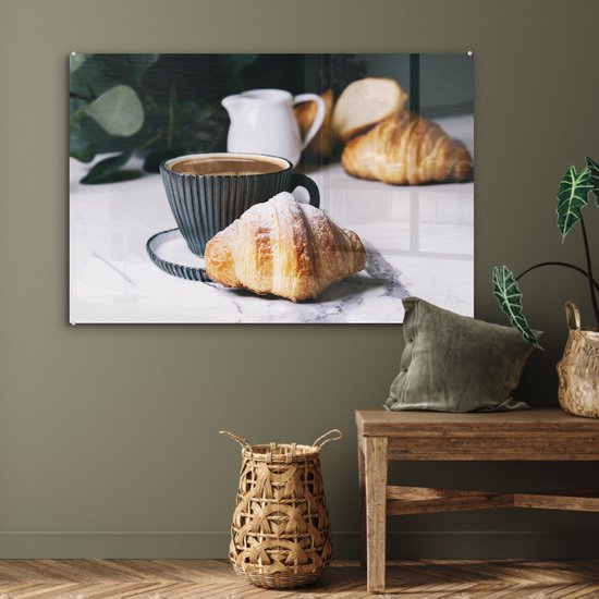 MuchoWow® Peinture sur verre 90x60 cm - Peinture sur verre acrylique - Croissant avec une tasse de café - Photo sur verre - Peintures