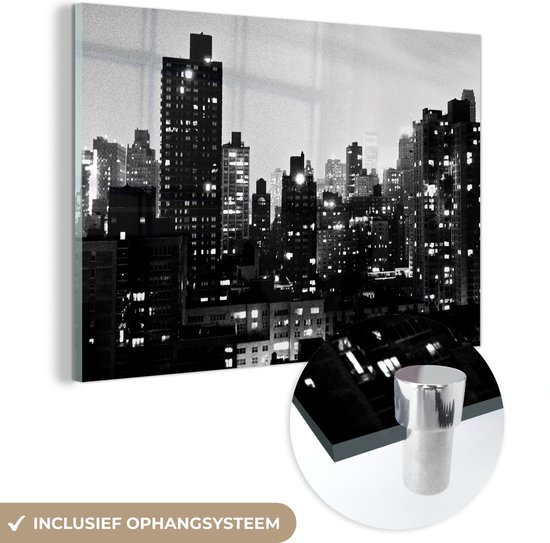 MuchoWow® Glasschilderij 60x40 cm - Schilderij acrylglas - Stad in film noir - Foto op glas - Schilderijen