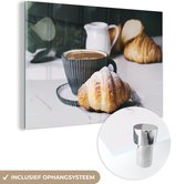 MuchoWow® Glasschilderij 60x40 cm - Schilderij acrylglas - Croissant met een kop koffie - Foto op glas - Schilderijen