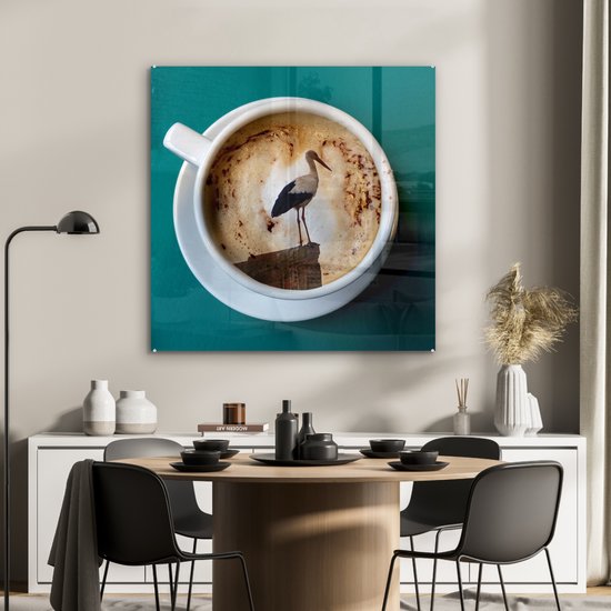MuchoWow® Peinture sur verre 90x90 cm - Peinture sur verre acrylique - Café - Cigogne - Tasse - Photo sur verre - Peintures