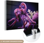 MuchoWow® Glasschilderij 60x40 cm - Schilderij acrylglas - Rode octopus - Foto op glas - Schilderijen