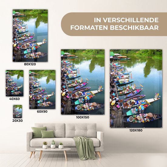 Peinture sur verre - Marché flottant en Thaïlande avec des bateaux colorés - 80x120 cm - Peintures sur Verre Peintures - Photo sur Glas