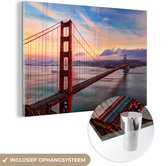 MuchoWow® Glasschilderij - Kleurrijke zonsondergang boven de Golden Gate Bridge in San Francisco - 120x80 cm - Acrylglas Schilderijen - Foto op Glas