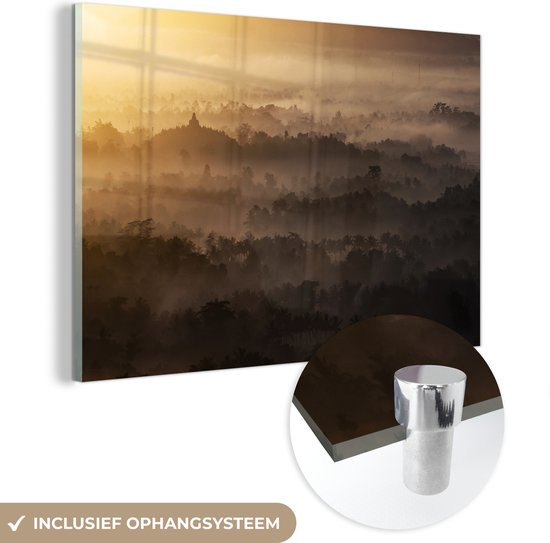 MuchoWow® Glasschilderij 90x60 cm - Schilderij acrylglas - Mist boven Java - Foto op glas - Schilderijen