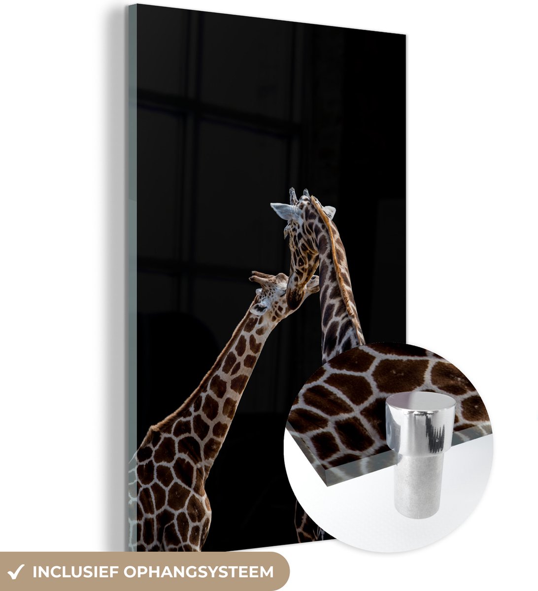 ® Glasschilderij 20x30 cm - Schilderij acrylglas - Moeder en baby giraffe voor zwarte achtergrond - Foto op glas - Muurdecoratie woonkamer - Wanddecoratie slaapkamer - Schilderijen