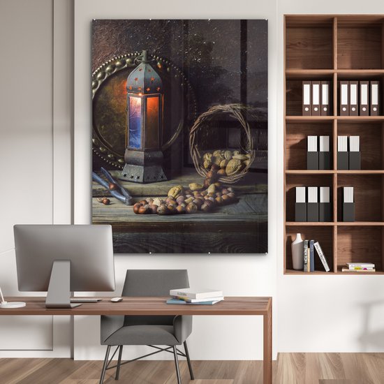 MuchoWow® Peinture sur verre 120x160 cm - Peinture sur verre acrylique - Boek - Nature morte - Noyer - Lanterne - Vintage - Photo sur verre - Peintures
